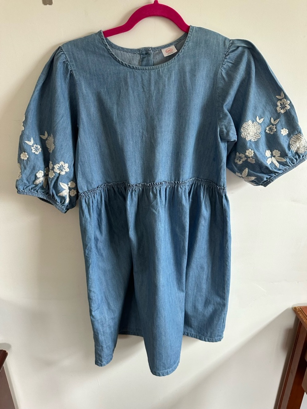 wonder nation Blue Denim-Look Mini Dress with White Floral Embroidery